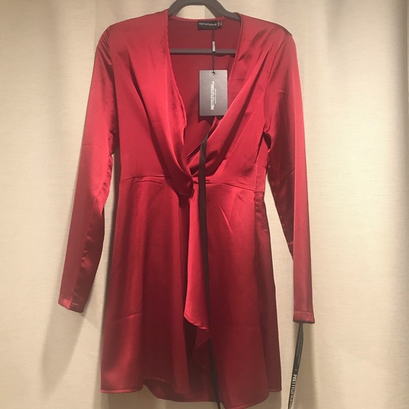 red satin long sleeve wrap dress